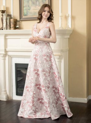 画像2: [送料無料][SETTAN]ピンク×シルバー・ネイビー・ピンク×ゴールド・ホワイト・ブルー・花柄・Vネック・フレア・Aライン・ロングドレス[即日発送][大きいサイズあり]