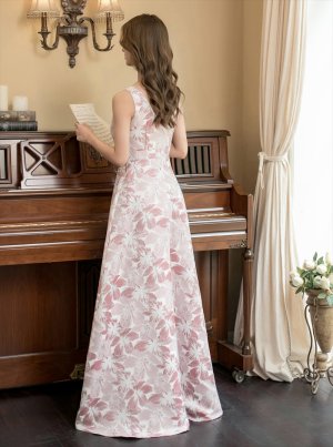 画像9: [送料無料][SETTAN]ホワイト・ピンク×シルバー・ネイビー・ピンク×ゴールド・ブルー・花柄・Vネック・フレア・Aライン・ロングドレス[即日発送][大きいサイズあり]