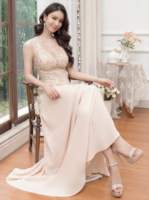 画像6: [送料無料][SETTAN]ベージュ・ワインレッド・ネイビー・ホワイト・ロイヤルブルー・エレガント・レース・金糸・ラインストーン・シアー・Aライン・ロングドレス[即日発送][大きいサイズあり]