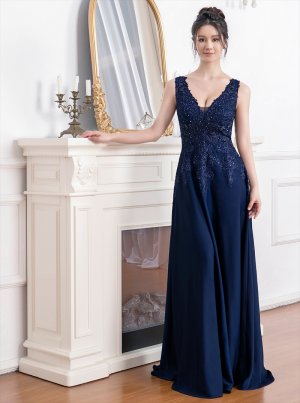 画像5: [送料無料][SETTAN]ネイビー・ホワイト・ベージュ・ワインレッド・ロイヤルブルー・エレガント・レース・金糸・ラインストーン・シアー・Aライン・ロングドレス[即日発送][大きいサイズあり]