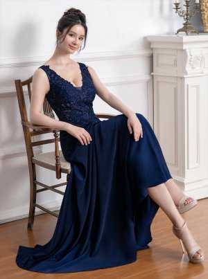 画像16: [送料無料][SETTAN]ベージュ・ワインレッド・ネイビー・ホワイト・ロイヤルブルー・エレガント・レース・金糸・ラインストーン・シアー・Aライン・ロングドレス[即日発送][大きいサイズあり]