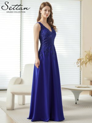 画像2: [送料無料][SETTAN]ロイヤルブルー・ネイビー・ホワイト・ベージュ・ワインレッド・エレガント・レース・金糸・ラインストーン・シアー・Aライン・ロングドレス[即日発送][大きいサイズあり]