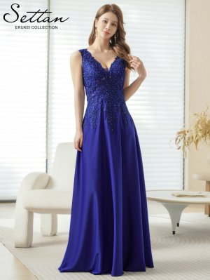画像5: [送料無料][SETTAN]ロイヤルブルー・ネイビー・ホワイト・ベージュ・ワインレッド・エレガント・レース・金糸・ラインストーン・シアー・Aライン・ロングドレス[即日発送][大きいサイズあり]