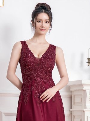 画像10: [送料無料][SETTAN]ベージュ・ワインレッド・ネイビー・ホワイト・ロイヤルブルー・エレガント・レース・金糸・ラインストーン・シアー・Aライン・ロングドレス[即日発送][大きいサイズあり]