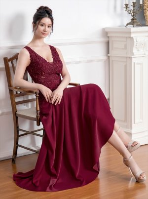 画像11: [送料無料][SETTAN]ベージュ・ワインレッド・ネイビー・ホワイト・ロイヤルブルー・エレガント・レース・金糸・ラインストーン・シアー・Aライン・ロングドレス[即日発送][大きいサイズあり]