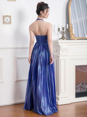 画像4: [送料無料][SETTAN]ロイヤルブルー・グリーン・ベージュ・ホワイト・ホルターネック・ラメ・プリーツ・ロングドレス[即日発送][大きいサイズあり]