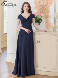 [送料無料][SETTAN]ネイビー・ホワイト・シンプル・フレンチスリーブ・上品・Aライン・ロングドレス[即日発送][大きいサイズあり]