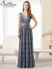[送料無料][SETTAN]シルバー×ブラック・Vネック・刺繍・レース・ノースリーブ・Aライン・セクシー・ロングドレス[即日発送][大きいサイズあり]