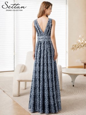 画像3: [送料無料][SETTAN]シルバー×ブラック・ベージュ×ブラック・Vネック・刺繍・レース・ノースリーブ・Aライン・セクシー・ロングドレス[即日発送][大きいサイズあり]