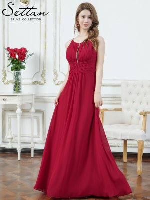画像2: [送料無料][SETTAN]レッド・ホワイト・イエロー・ワンカラー・シフォン・胸元カット・ラインストーン・キャミソール・エレガント・Aライン・ロングドレス[即日発送][大きいサイズあり]