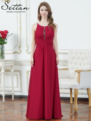 画像5: [送料無料][SETTAN]レッド・ホワイト・イエロー・ワンカラー・シフォン・胸元カット・ラインストーン・キャミソール・エレガント・Aライン・ロングドレス[即日発送][大きいサイズあり]
