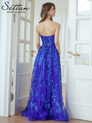 画像3: [送料無料][SETTAN]ロイヤルブルー・チュールレース・ベアトップ・スピンドル・スパンコール・刺繍・Aライン・フレア・ロングドレス[即日発送][大きいサイズあり]