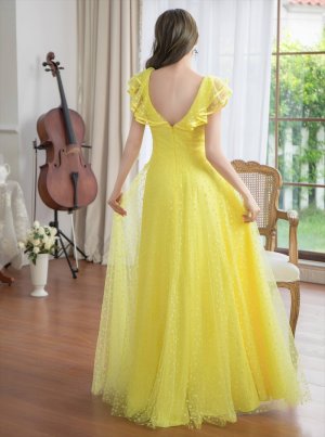 画像10: [送料無料][SETTAN]ホワイト・イエロー・フリルスリーブ・ドット・チュールレース・Vネック・Aライン・ロングドレス[即日発送][大きいサイズあり]