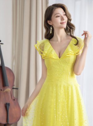 画像11: [送料無料][SETTAN]ホワイト・イエロー・フリルスリーブ・ドット・チュールレース・Vネック・Aライン・ロングドレス[即日発送][大きいサイズあり]