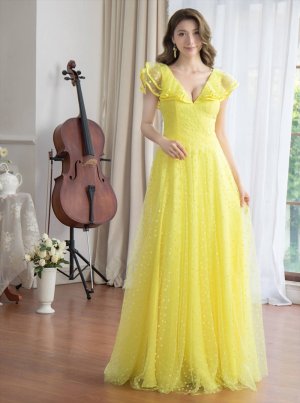 画像12: [送料無料][SETTAN]ホワイト・イエロー・フリルスリーブ・ドット・チュールレース・Vネック・Aライン・ロングドレス[即日発送][大きいサイズあり]