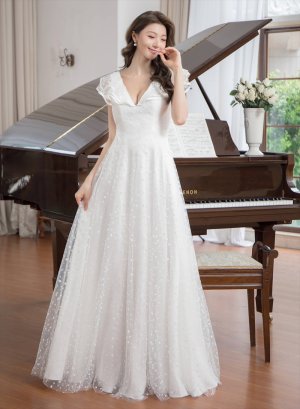 画像5: [送料無料][SETTAN]ホワイト・イエロー・フリルスリーブ・ドット・チュールレース・Vネック・Aライン・ロングドレス[即日発送][大きいサイズあり]