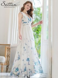 [送料無料][SETTAN]ブルー・パープル・ホワイト・ベージュシフォン・花柄・フラワープリント・Aライン・Vネック・ノースリーブ・ロングドレス[即日発送][大きいサイズあり]