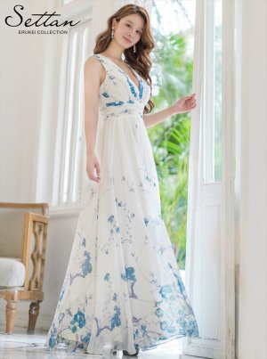 画像1: [送料無料][SETTAN]ブルー・パープル・ホワイト・ベージュシフォン・花柄・フラワープリント・Aライン・Vネック・ノースリーブ・ロングドレス[即日発送][大きいサイズあり]