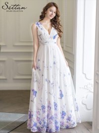 [送料無料][SETTAN]パープル・ブルー・ベージュ・ホワイト・シフォン・花柄・フラワープリント・Aライン・Vネック・ノースリーブ・ロングドレス[即日発送][大きいサイズあり]