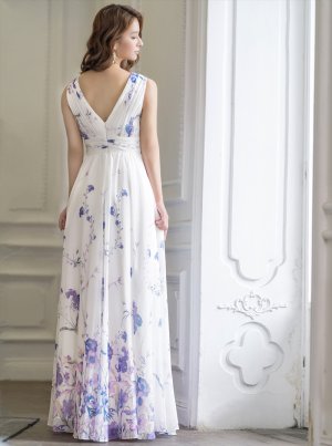 画像19: [送料無料][SETTAN]ベージュ・ホワイト・ブルー・パープル・フラワープリント・Aライン・Vネック・ノースリーブ・ロングドレス[即日発送][大きいサイズあり]