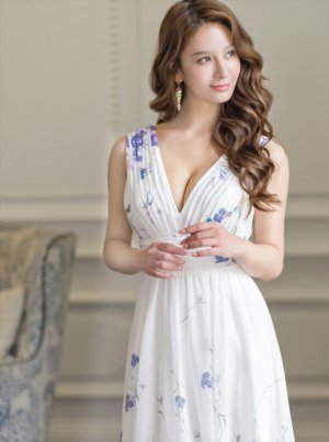 画像18: [送料無料][SETTAN]ホワイト・ベージュ・ブルー・パープル・シフォン・花柄・フラワープリント・Aライン・Vネック・ノースリーブ・ロングドレス[即日発送][大きいサイズあり]