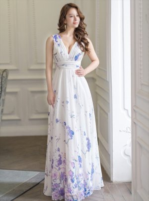 画像19: [送料無料][SETTAN]ホワイト・ベージュ・ブルー・パープル・シフォン・花柄・フラワープリント・Aライン・Vネック・ノースリーブ・ロングドレス[即日発送][大きいサイズあり]