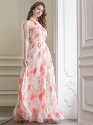 画像3: [送料無料][SETTAN]ホワイト×オレンジ・フラワープリント・プリーツ・ホルターネック・Aライン・ロングドレス[即日発送][大きいサイズあり]