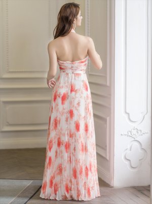 画像4: [送料無料][SETTAN]ホワイト×オレンジ・フラワープリント・プリーツ・ホルターネック・Aライン・ロングドレス[即日発送][大きいサイズあり]