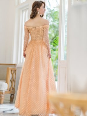 画像3: [送料無料][SETTAN]ベージュ・ハート・ドット・チュールレース・オフショルダー・ロングスリーブ・Aライン・ロングドレス[即日発送][大きいサイズあり]
