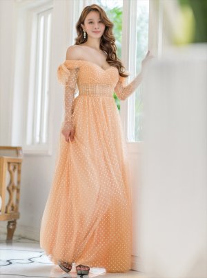 画像5: [送料無料][SETTAN]ベージュ・ハート・ドット・チュールレース・オフショルダー・ロングスリーブ・Aライン・ロングドレス[即日発送][大きいサイズあり]