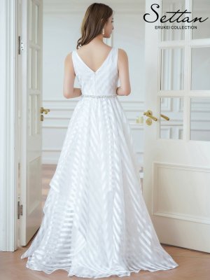 画像3: [送料無料][SETTAN]ホワイト・ノースリーブ・Vネック・ストライプ・ビジュー・変形ヘム・フレア・Aライン・ロングドレス[即日発送][大きいサイズあり]