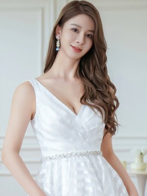 画像4: [送料無料][SETTAN]ホワイト・ノースリーブ・Vネック・ストライプ・ビジュー・変形ヘム・フレア・Aライン・ロングドレス[即日発送][大きいサイズあり]