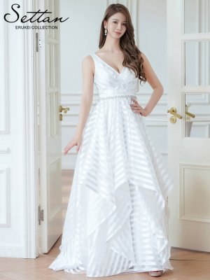 画像5: [送料無料][SETTAN]ホワイト・ノースリーブ・Vネック・ストライプ・ビジュー・変形ヘム・フレア・Aライン・ロングドレス[即日発送][大きいサイズあり]