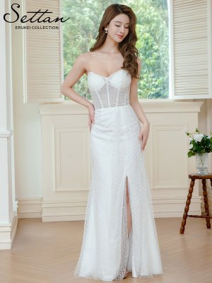 画像5: [送料無料][SETTAN]ホワイト・ピンク×ホワイト・ブラック×ホワイト・チュールレース・ベアトップ・ビスチェ・ハート・スリット・マーメイド・ロングドレス[即日発送][大きいサイズあり]