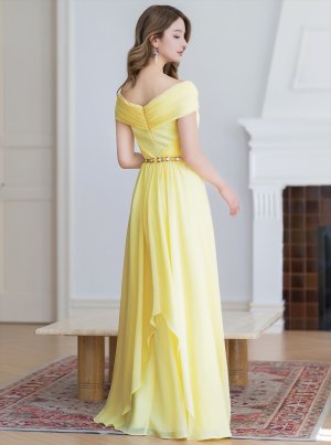 画像3: [送料無料][SETTAN]イエロー・パープル・ワンカラー・シフォン・ビジュー・シンプル・オフショルダー・Aライン・ロングドレス[即日発送][大きいサイズあり]