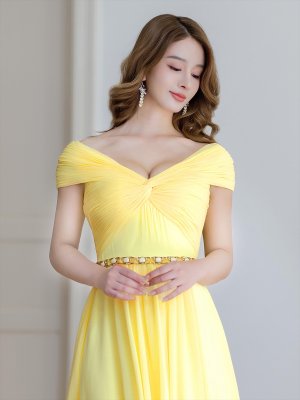 画像4: [送料無料][SETTAN]イエロー・パープル・ワンカラー・シフォン・ビジュー・シンプル・オフショルダー・Aライン・ロングドレス[即日発送][大きいサイズあり]