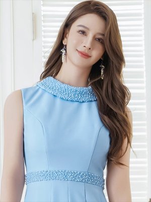 画像16: [送料無料][SETTAN]ネイビー・ホワイト・ブルー・ベージュ・首元パール・シンプル・ノースリーブ・Aライン・ひざ丈・ミディアムドレス・ワンピース[即日発送][大きいサイズあり]