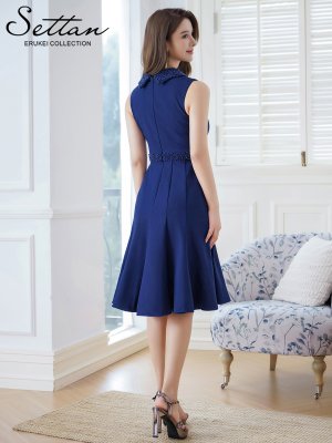 画像3: [送料無料][SETTAN]ネイビー・ホワイト・ブルー・ベージュ・首元パール・シンプル・ノースリーブ・Aライン・ひざ丈・ミディアムドレス・ワンピース[即日発送][大きいサイズあり]