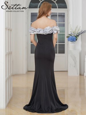 画像9: [送料無料][SETTAN]ブラック×ベージュ・ブラック×シルバー・バイカラー・オフショルダー・メタリック・シャーリング・マーメイド・タイト・ロングドレス[即日発送][大きいサイズあり]
