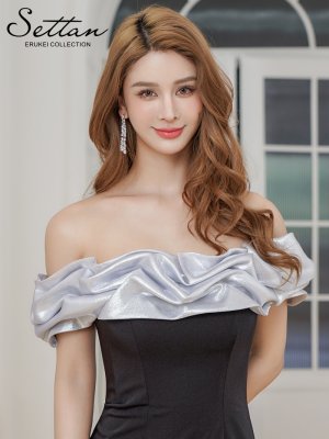 画像10: [送料無料][SETTAN]ブラック×ベージュ・ブラック×シルバー・バイカラー・オフショルダー・メタリック・シャーリング・マーメイド・タイト・ロングドレス[即日発送][大きいサイズあり]