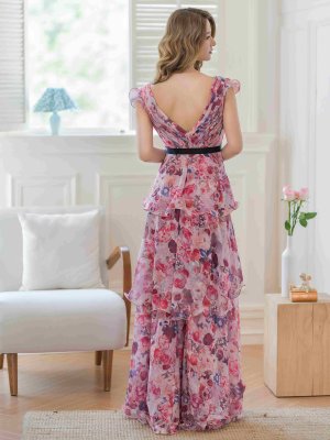 画像9: [送料無料][SETTAN]ホワイト×ワインレッド・ベージュ×ピンク・フラワープリント・ティアード・フリル・キュート・ロングドレス[即日発送][大きいサイズあり]