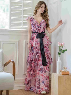 画像11: [送料無料][SETTAN]ホワイト×ワインレッド・ベージュ×ピンク・フラワープリント・ティアード・フリル・キュート・ロングドレス[即日発送][大きいサイズあり]