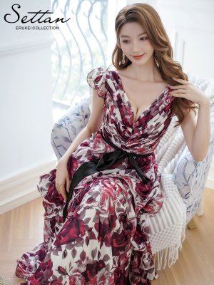 画像6: [送料無料][SETTAN]ホワイト×ワインレッド・ベージュ×ピンク・フラワープリント・ティアード・フリル・キュート・ロングドレス[即日発送][大きいサイズあり]