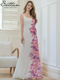 [送料無料][SETTAN]ホワイト×ピンク・プリント・花柄・リボン・ハイウエスト・ノースリーブ・Aライン・ロングドレス[即日発送][大きいサイズあり]