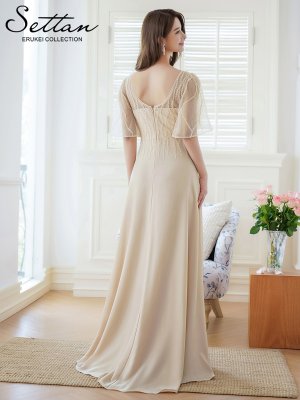 画像3: [送料無料][SETTAN]ベージュ・ワインレッド・Ｖネック・フレアスリーブ・Aライン・エレガント・チュールレース ・ビーズ・スパンコール・ロングドレス[即日発送][大きいサイズあり]