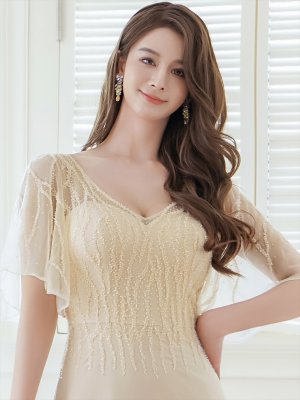 画像4: [送料無料][SETTAN]ベージュ・ワインレッド・Ｖネック・フレアスリーブ・Aライン・エレガント・チュールレース ・ビーズ・スパンコール・ロングドレス[即日発送][大きいサイズあり]