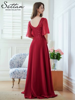 画像9: [送料無料][SETTAN]ベージュ・ワインレッド・Ｖネック・フレアスリーブ・Aライン・エレガント・チュールレース ・ビーズ・スパンコール・ロングドレス[即日発送][大きいサイズあり]