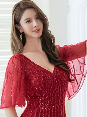 画像10: [送料無料][SETTAN]ベージュ・ワインレッド・Ｖネック・フレアスリーブ・Aライン・エレガント・チュールレース ・ビーズ・スパンコール・ロングドレス[即日発送][大きいサイズあり]