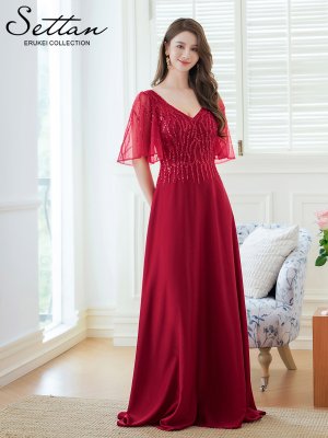 画像11: [送料無料][SETTAN]ベージュ・ワインレッド・Ｖネック・フレアスリーブ・Aライン・エレガント・チュールレース ・ビーズ・スパンコール・ロングドレス[即日発送][大きいサイズあり]