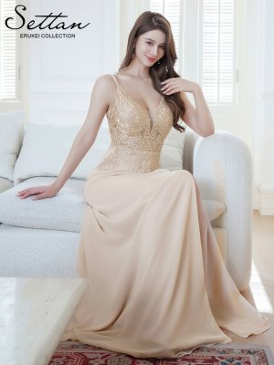 画像6: [送料無料][SETTAN]ベージュ・ピンク・Vネック・キャミソール・ラインストーン・レース・セクシー・シアー・シースルー・Aライン・ロングドレス[即日発送][大きいサイズあり]